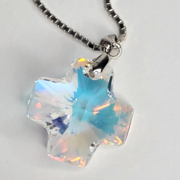 Vintage Italian Sterling Silver Chain with Crystal Cross Like Pendant - Picture 2 of 16